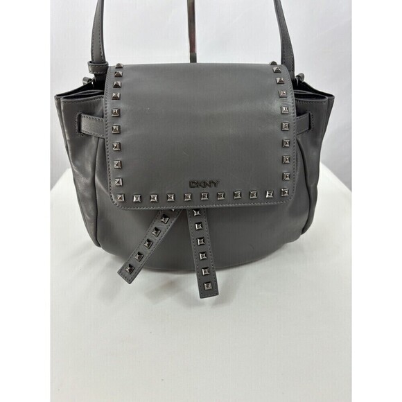 DKNY Crossbody Bag Grey Leather Studs Studded Adjustable Strap - Picture 1 of 15